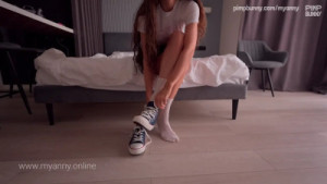 A Curly-Haired Model In Sneakers Gets A Sweet Creampie