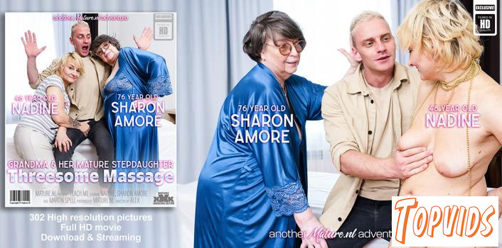 Nadine & Sharon Amore - A hard threesome with a toyboy masseur, horny grandma Sharon Amore & her mature stepdaughter Nadine